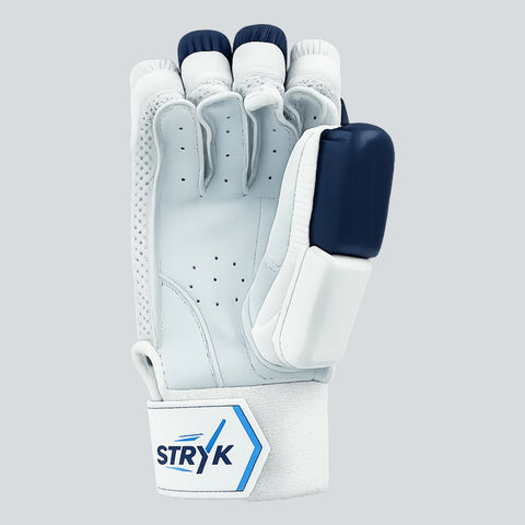 STRYK Premium Leather Cricket Batting Gloves, Navy Blue and White, Soft Fill Protection
