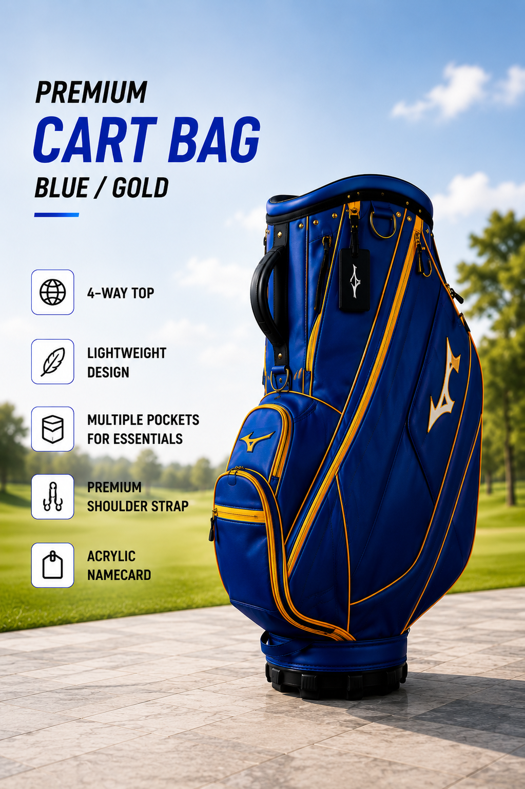 Premium Blue & Gold Cart Bag – Lightweight Golf Bag with Multiple Pockets