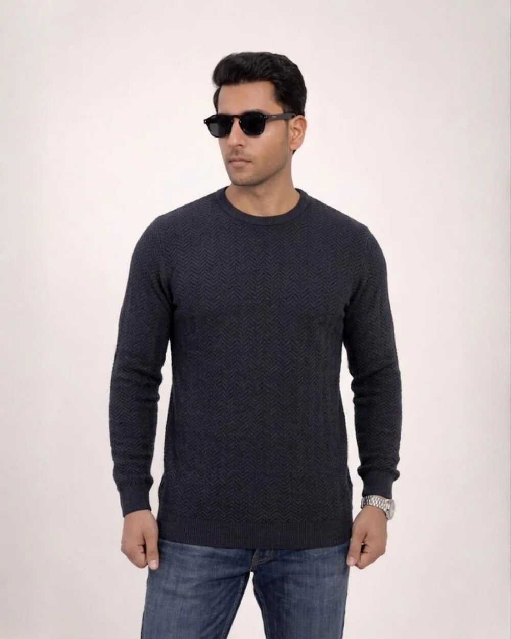 Jacquard Long Sleeve Crewneck Caviar