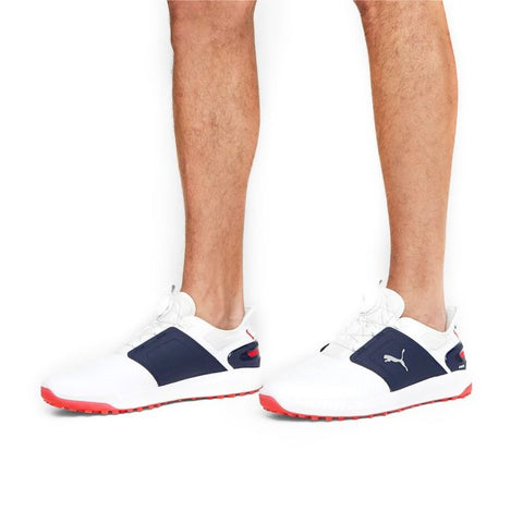 Puma Men’s Ignite Elevate Disc MD Spikeless Golf Shoes – White/Silver/Navy