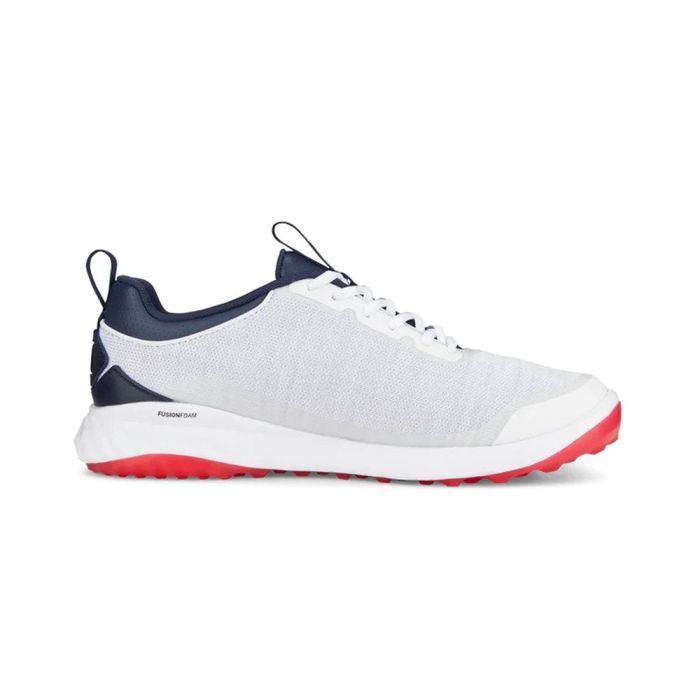 Puma Men’s Fusion Pro MD Spikeless Golf Shoes – White/Navy/Red
